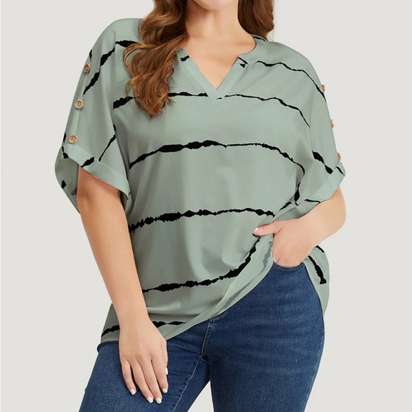 Bloomchic Tie Dye Notched Button Detail Roll Dolman Sleeve Striped Blouse - Picture 1 of 8